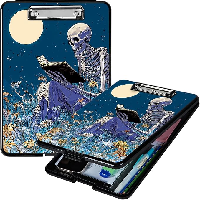 Heavy Duty Storage Clipboard, Slim Nursing Clipboard with Internal Pen Case, Portable File Organizer Case for A4 Letter Size Paper Office Medical Professionals, Book Skull Flower