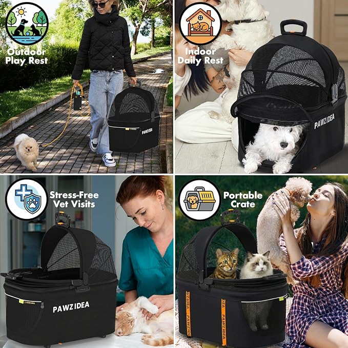 PAWZIDEA Double Pet Stroller with 2 Detachable Carrier, Multifunctional | Portable Travel Crate & Car Seat Combo & TSA-Approved Expandable Carrier, Foldable Jogger Stroller for 2–4 Cats or Small Dogs