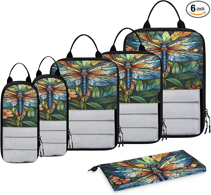 Dragonfly 6 Set Compression Packing Cubes Floral Expandable Packing Organizer for Travel Accessories Luggage Suitcase Bag