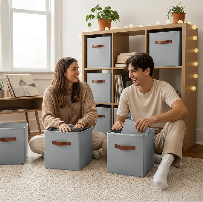 GRANNY SAYS 11 Inch Cube Storage Bins, 6-Pack Fabric Storage Bins, Grey | Collapsible Storage Boxes with Thickened Base Plate, Sturdy Handles, Decorative Baskets for Shelves, Closet