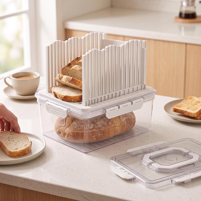 VECELO 2‑in‑1 Bread Slicer & Airtight Bread Storage Box with Handle, Plastic Bread Container with Lid for Keeping Fresh, Ideal for Bread, Cake, Buns,White