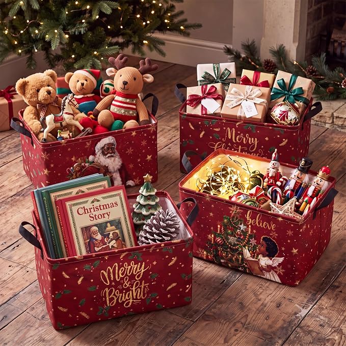 4 Pcs Christmas Storage Basket for Gifts Empty Large Black Santa Storage Bins 15 x 10 x 8 Fabric Laundry Baskets with Handle African American Collapsible Organizer Boxes for Cloth Toys Books