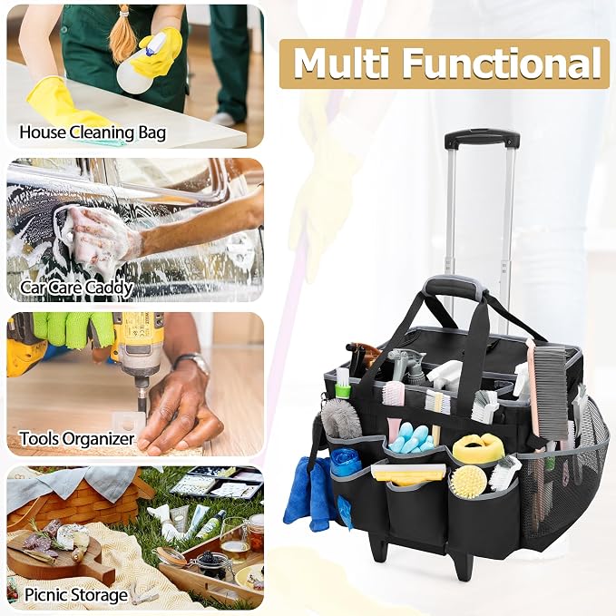 HODRANT Large Cleaning Caddy with Detachable Trolley & Shoulder Strap | Cleaning Supplies Bag with Handles & Support Plates, Cleaner Product Rolling Organizer for Car Wash and Housekeeping