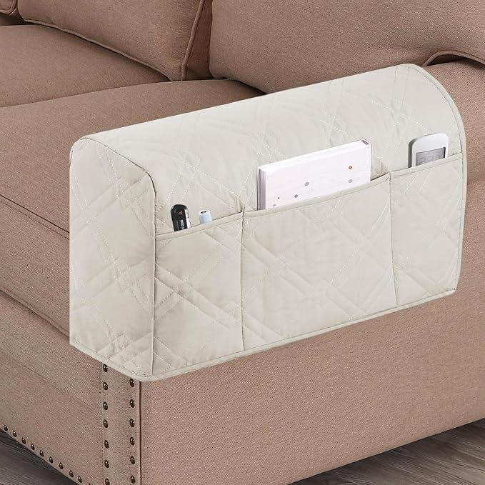 2-Pack Waterproof Armrest Covers for Couches & Chairs – Anti-Slip Furniture Protectors with Side Pockets, Washable Sofa Arm Covers, Universal Stretch Fit (Fits Most Armrests) (Beige)