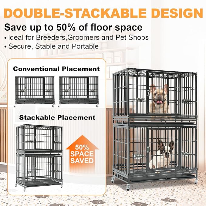 Homey Pet Two Tier 37" Heavy Duty Stackable Dog Crate with Wheels | Metal Crate for Dogs with Escape proof Locks, Tray, Bowl, Open Top, for Small and Medium Dogs, Breeders and Multi-dog Homes