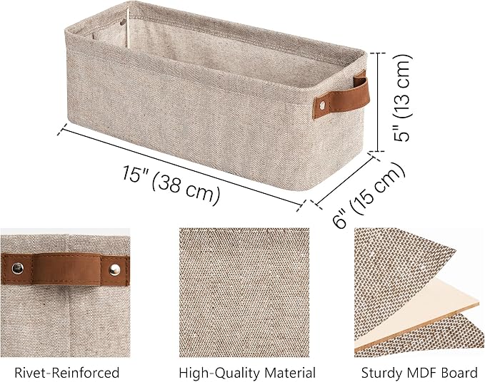 StorageWorks Narrow Storage Bins, Long Baskets, Brown and Beige, 2-Pack | With Metal Frame, Sturdy Structure, Reinforced PU Handles, Toilet Paper Storage, Small Baskets for Bathroom, Closet, Shelf
