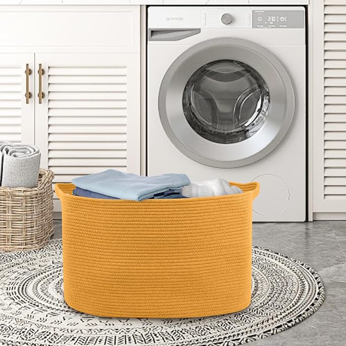 Extra Large Orange Storage Basket, 23.6" x 17" x 12" Rectangle Baskets for Organizing, Blanket Toy Bin Organizer, Colorful Woven Cotton Rope Baskets for Decor