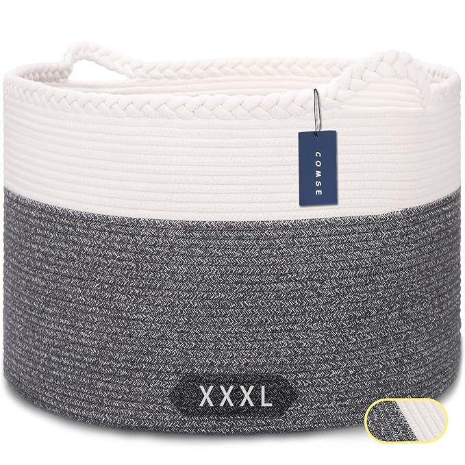 COMSE XXXLarge Woven Blanket & Laundry Basket, 87L, White & Black | 21.7" x 13.8", Cotton Rope, Nursery Hamper for Storage of Toys Clothes Towels, Ideal for Living Room Bedroom Bathroom