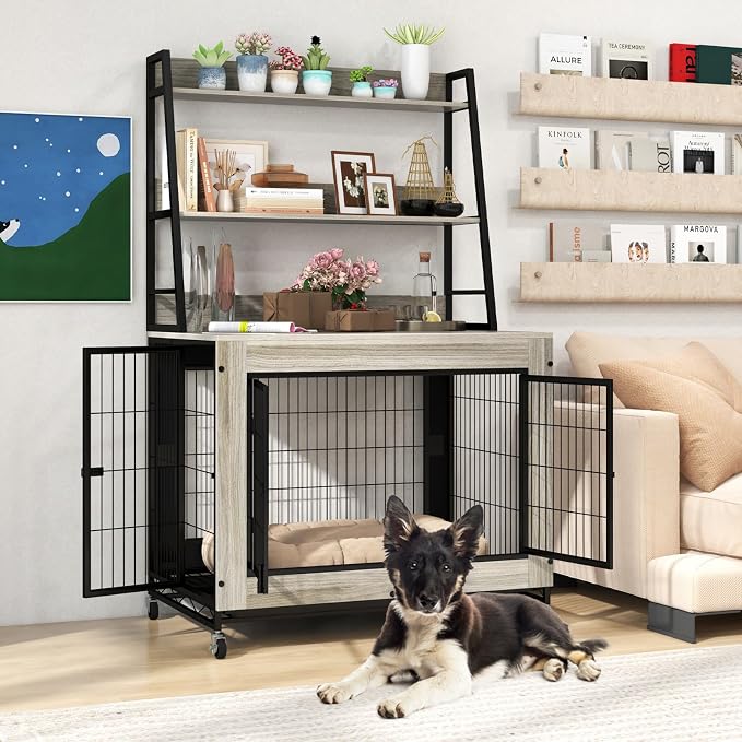 PETSITE Portable Dog Crate Furniture with Storage Shelves, 59 Inch Wooden Dog Kennel with Flip-up Top, 3 Lockable Doors and Removable Tray, Ideal for Small to Medium Dogs (Grey)