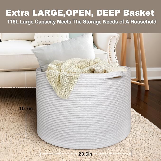 115L White Cotton Rope Storage Basket, 23.6"x15.7" Extra Large Blanket Storage Living Room, XXXL Soft Toy Bin for Organizing, Woven Baby Laundry Basket with Handle, Wicker Hamper Nursery