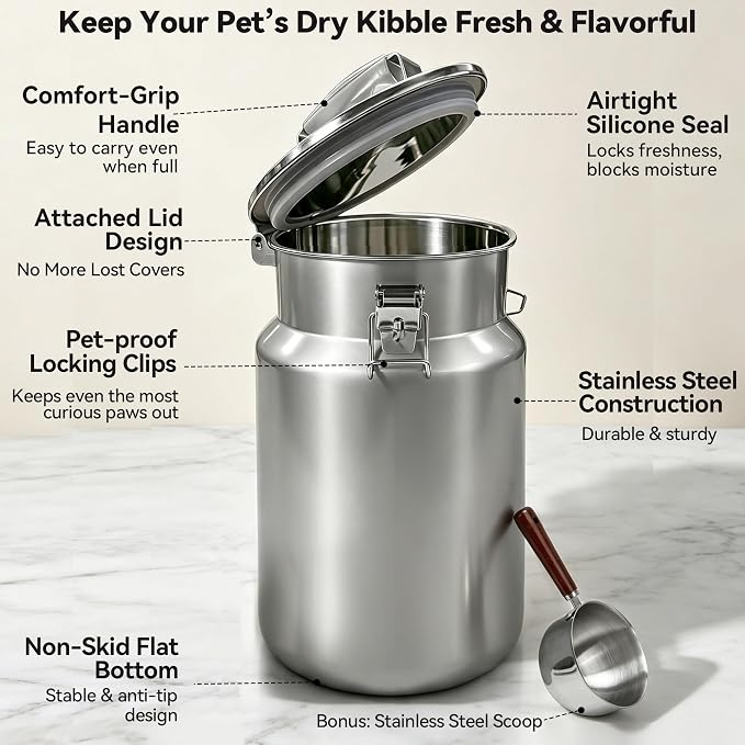 Newget 25 lb Stainless Steel Airtight Dog Food Storage Container with Scoop | Pet Food Storage, Large Capacity, Rust-Resistant Steel, Sturdy & Durable, Airtight Design, Moisture Protection, Easy to Clean