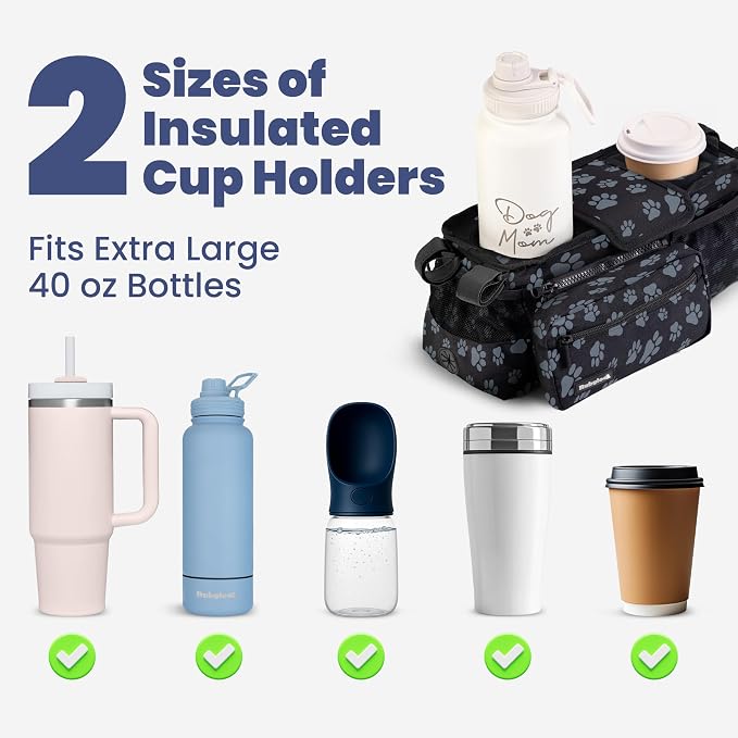 Dog Stroller Caddy Organizer with 2 Insulated Cup Holders & Treat Pocket | Poop Bag Dispenser, Treat Pocket, Collapsible Water Bowl, Zip-Off Wallet, Non-Slip Fit for 14-19" Handlebars, Paw Print