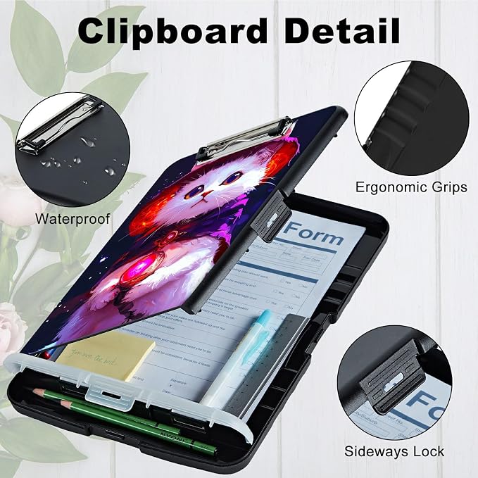 Purple White Cat A4 Clipboard with Storage Pen Holder, Clipboards Organizer Nursing Clipboard Foldable File Folder Plastic Clipboard Folio Clip Board for Office Students Classroom Doctor