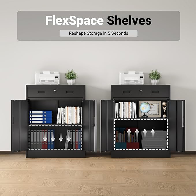 CJF Metal Storage Cabinet, Locking Storage Cabinet with 1 Drawer and Adjustable Shelf, 36" H x 28" W x 16" D Metal Cabinets for Office, Home, Garage -Black