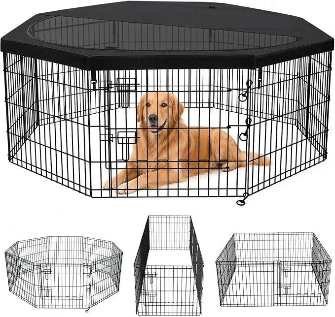 PETIME Foldable Metal Dog Exercise Pen/Pet Puppy Playpen Kennels Yard Fence Indoor/Outdoor 8 Panel 24" W x 24" H with Top Cover