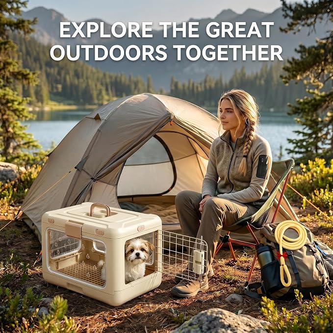 Foldable Hard Cat Carrier, Transparent Pet Crate for Cats & Small Dogs, Collapsible Travel Kennel with Ventilation & Urine Pad Mesh Grid, Portable Travel cage, Essential for pet Travel, Apricot