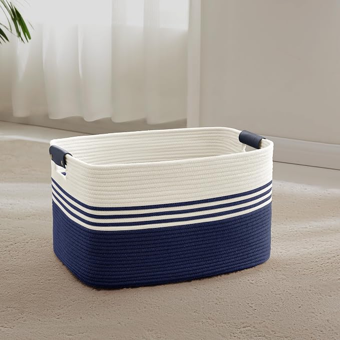 45L Small Woven Laundry Basket Hamper with Leather Handles,Navy | collapsible wicker hamper, storage for dirty clothes, toys, blankets, gifts, living room, bedroom, bathroom, 18"x14"x11"