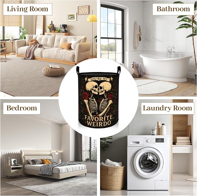 Skeleton Rose Floral Laundry Basket, Gothic Skull Foldable Oxford Cloth, Waterproof Dirty Clothes Hamper with Handles, Clothing Storage Bin Toy Organizer for Bedroom Dorm Bathroom, 19.7"x15.7"