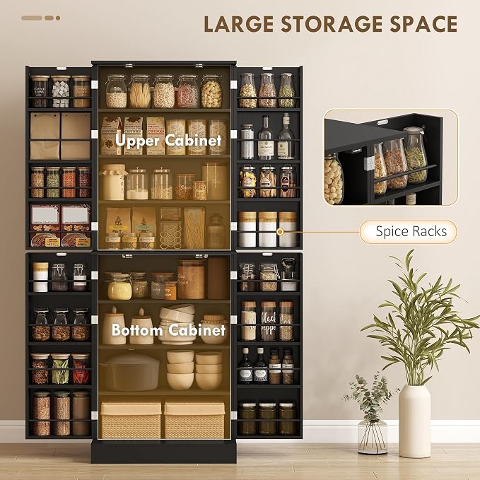 HOMCOM 65" Kitchen Pantry Storage Cabinet 16 Door Shelves Black | Freestanding Kitchen Cabinet, 4 Doors, 8-Tier Shelving, Adjustable Shelves