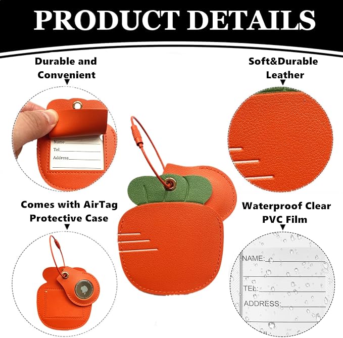PU Leather Luggage Tag with Airtag Holder Case Set and Name ID Label | Hidden Compartment for AirTag Travel Suitcase Tracking Case with Stainless Steel Loop,Cute Fruit Plant Animals Styles,Carrot