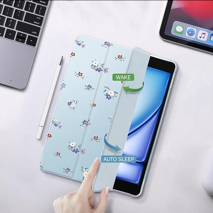 Cute Purple Floral Case for 12.9" iPad Pro 2022/2021/2020/2018, Clear TPU Smart Stand Back Cover with Pencil Holder, Auto Wake/Sleep Foldable Shockproof Protective Case