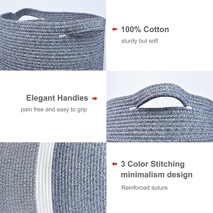 Cotton Rope Blanket Basket, 72L Laundry Hamper, Navy Blue &White