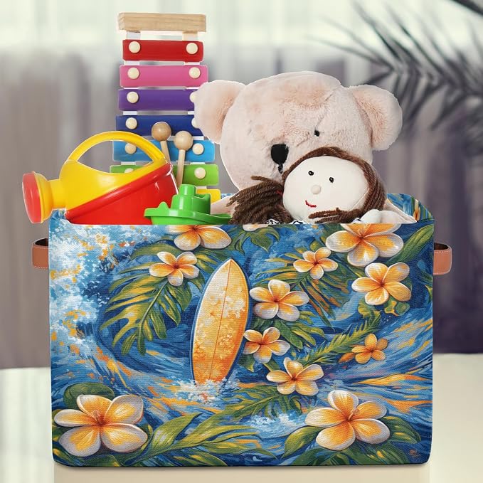 Hawaiian Plumeria Flowers Storage Boxes Theme Storage Nursery Baskets with Handle Closet Collapsible Organizer Shelf Bins for Book Cloth 15x11x9.5 IN