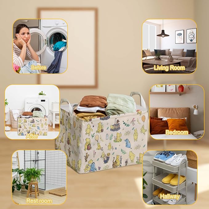 Winnie baby Stuff，Winnie Storage Nursery Basket, Large squarecanvas Laundry Hamper With A Waterproof PECoating, Foldable, Bathroom and Bedroom SetClothes ,Toys Bin, Baby Nursery HamperDecor