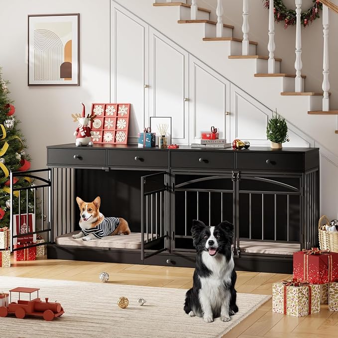Dog Crate Furniture for 2 Dogs, Double Dog Crate TV Stand, Black | 78.7'' Large Dog Kennel Indoor, 4 Storage Drawers and Feeding Bowls, Pet Kennel for Small and Medium Dogs