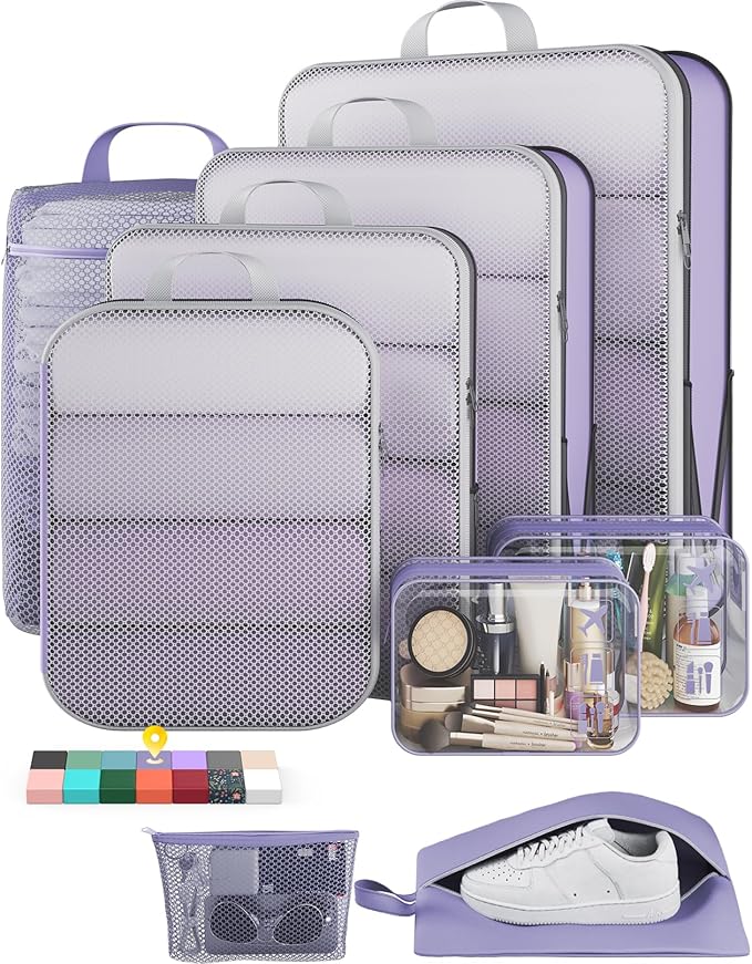 Veken 9/11 Set Compression Packing Cubes Garment Bags for Travel Essentials,Compressible Expandable Luggage Organizer Bags for Clothing,Space Saver Bags with Over 1000 pcs of Mesh Holes(Purple Gray)
