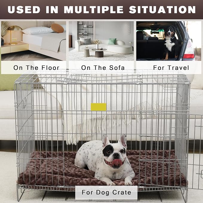 Exsnugy Washable Dog Bed Mat Large Size Fluffy Pet Crate Pad 42x28 XL | Non-Slip Bottom Kennel Beds Ultra Soft Comfy Sleeping Mattress for Large Medium Small Dogs Brown
