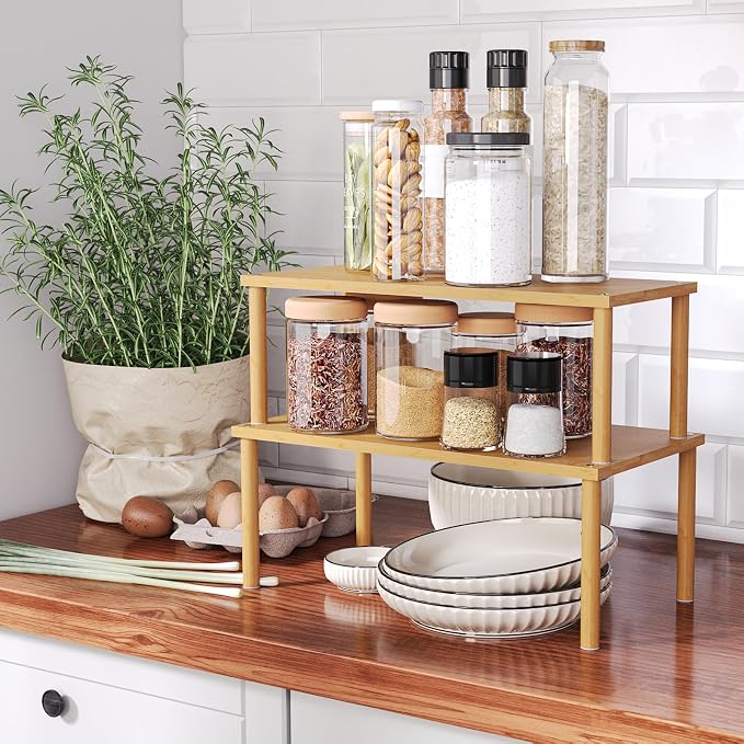 VERTORGAN 2 Pack Cabinet Organizer Shelf,Bamboo Countertop(Large,Natural) | Kitchen Counter Shelves,Spice Rack Countertop and Cabinet,Cabinet Storage,Counter Organizer,Stackable Shelves