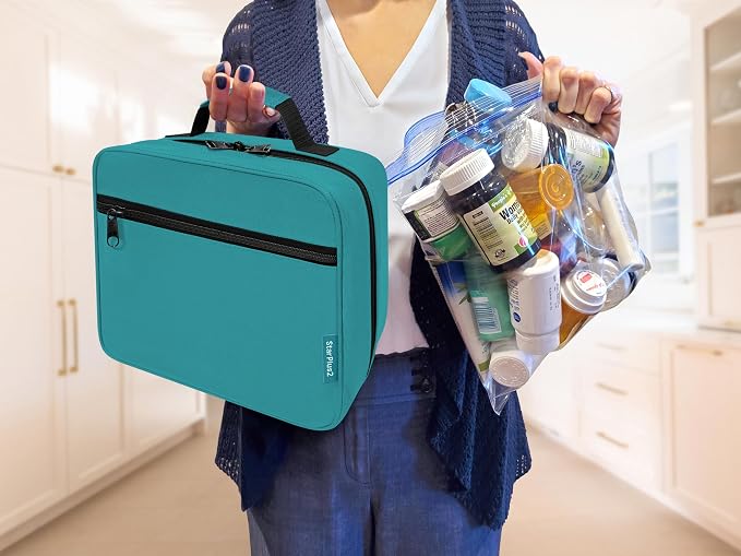 Large Pill Bottle Organizer & Medicine Bag for Travel, Turquoise | Prescription bottle organizer with 10 bottle pockets and padded storage for medication bottles, supplements, vitamins