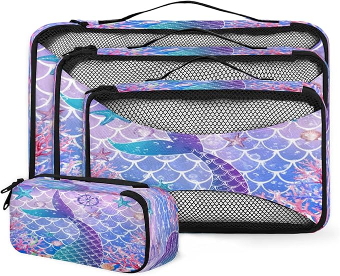 Mermaid Fish Scale Packing Cubes for Travel, Luggage Packing Organizers, Fishtail Travel Accessories Large Toiletries Bag for Clothes Shoes Cosmetics Toiletries