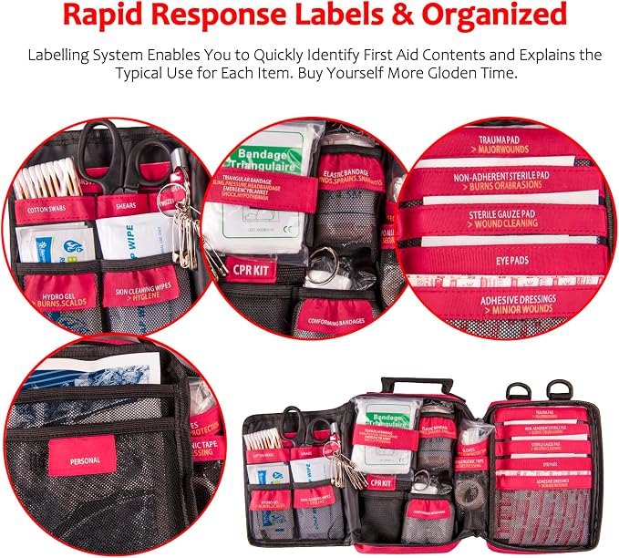 First Aid Kit with Rapid-Response Labeled Compartments, Compact Waterproof Emergency Kit with Molle Straps for Car, Camping, Home, Hiking, Travel
