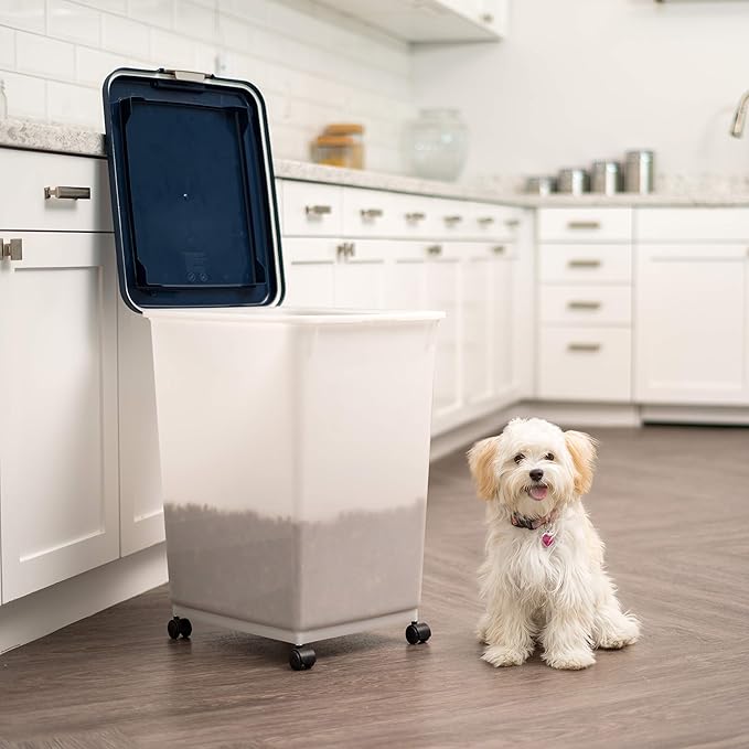 IRIS USA Dog Food Storage Container, Up to 54 lbs, Navy, Made in USA | Wheels for Mobility, Airtight Seal, BPA-Free, Best for Bird Seed, Cat food, Cat Litter, Chicken Feed, Pellets