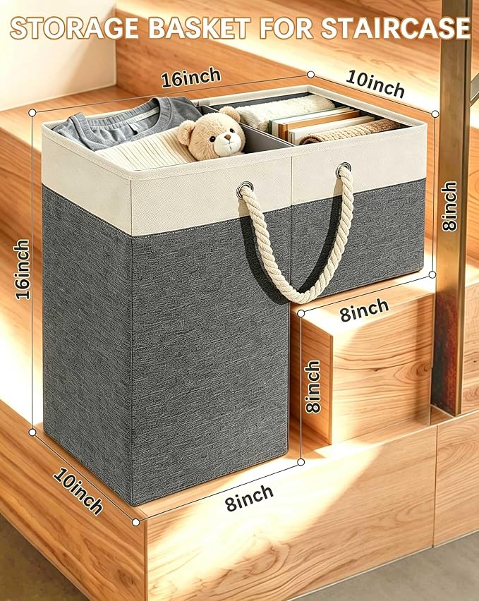 LHZ.K Stair Basket with Removable Divider & Sturdy Handles,1pcs Grey | 16" Rigid Foldable Stair Storage Basket for Carpeted & Wooden Stairs, Large Capacity for Laundry, Toy, Pet Supplies & Clutter