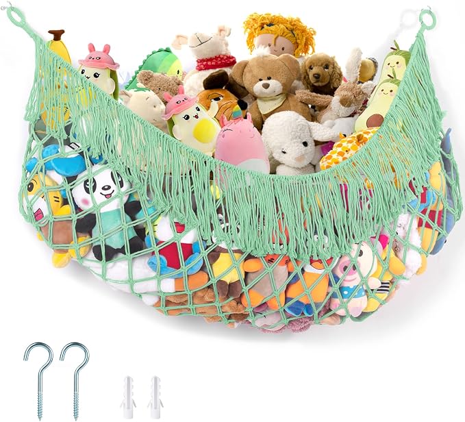 Stuffed Animal Hammock - Extra Large 63'' Long (Matcha green) | Premium Cotton Hand-knitted, Beautiful Long Tassel, Storage Hanging Organizer, Can Fit Stuffed Animals 40 Piece or More