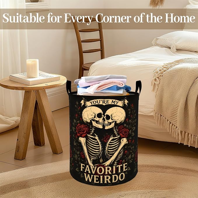 Skeleton Rose Floral Laundry Basket, Gothic Skull Foldable Oxford Cloth, Waterproof Dirty Clothes Hamper with Handles, Clothing Storage Bin Toy Organizer for Bedroom Dorm Bathroom, 19.7"x15.7"