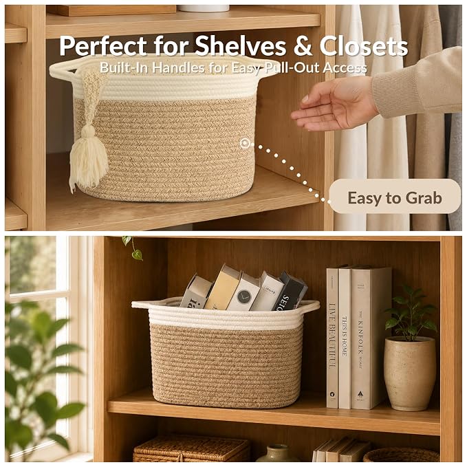 XUANGUO Woven Cotton Rope Storage Basket with Handles 13x10x9 inch | Woven cotton rope basket for shelves and closets. Perfect for toys, books, clothes, nursery storage and gift baskets.