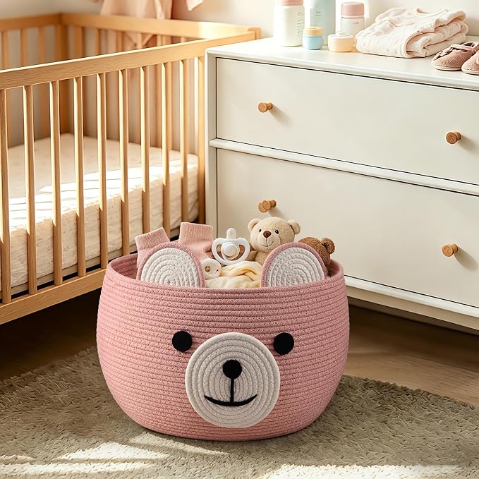 CherryNow Large Baby Basket for Gifts Empty, Cute Bear Design, Brght Pink | 15.7" x 10.5" Baby Shower Basket for Kids Boys Newborn Storage, Woven Rope Toy Basket, Fits Living Room Nursery Décor