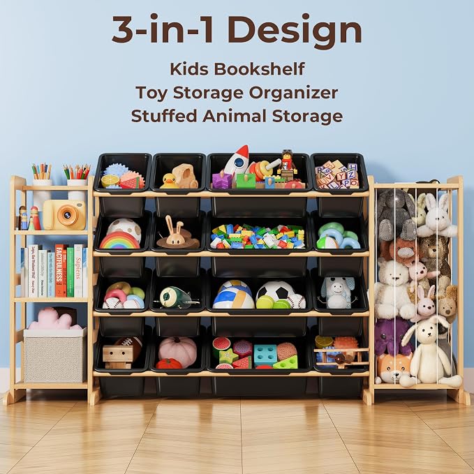 Toy Storage Organizer with Bookshelf and Stuffed Animal Storage - Kids Playroom Organization with Shelves and 16 Toy Bins - Toddler Living Room Toy Box for Lego - Nursery Bedroom Decor Essential