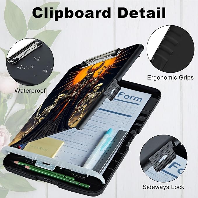 A4 Clipboard with Storage Pen Holder, Clipboards Organizer Nursing Clipboard Foldable File Folder Plastic Clipboard Folio Clip Board for Office Work Classroom Doctor, Dark Skull Knight