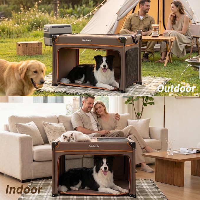 36 Inch Collapsible Travel Dog Crate, 4 Doors & Soft Pet Mat | Portable Dog Travel Crate for Medium Dogs,Large Storage Bag & Breathable Mesh,Soft Sided Dog Crate for Indoor & Outdoor Khaki