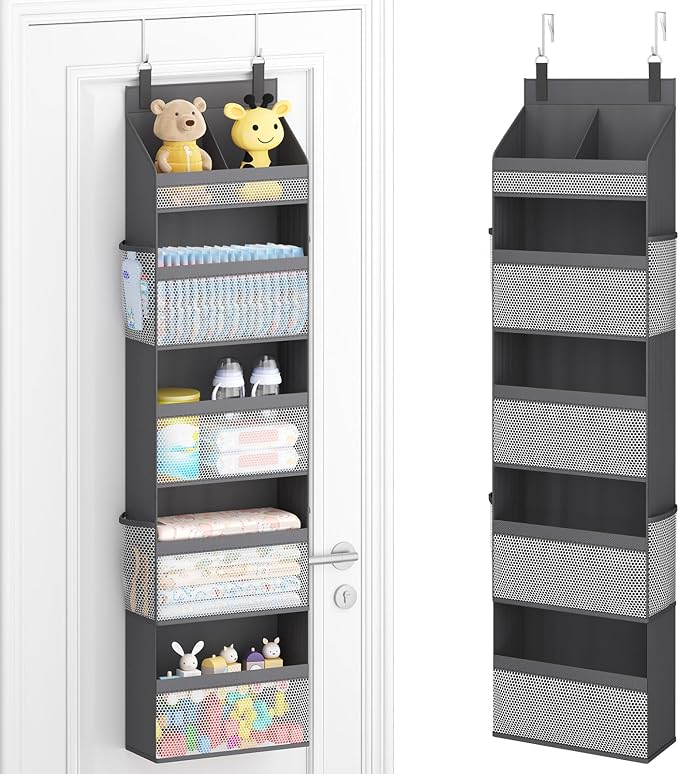 Lifewit 5 Tier Over the Door Organizer, Diaper Hanging Storage, Gray | Nursery Sturdy Large Heavy Duty Back of Door Shelf with 4 Mesh Side Pockets, for Baby Stuff Toy in Pantry, Laundry, Bathroom