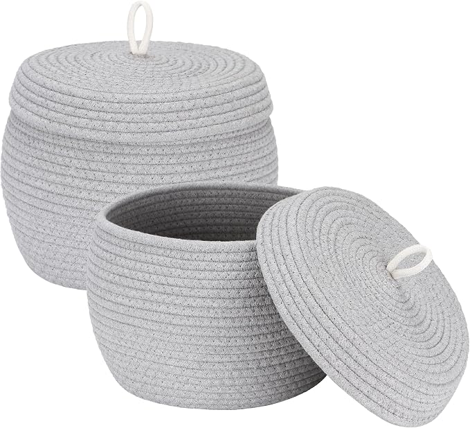 Sea Team Round Woven Cotton Rope Storage Basket with Lid, Gray, 2-Pack | Lidded Knitted Decorative Storage Bin, Pot, Caddy, Organizer, Container for Snacks, Towels, Plants, 10 x 7.5 Inches