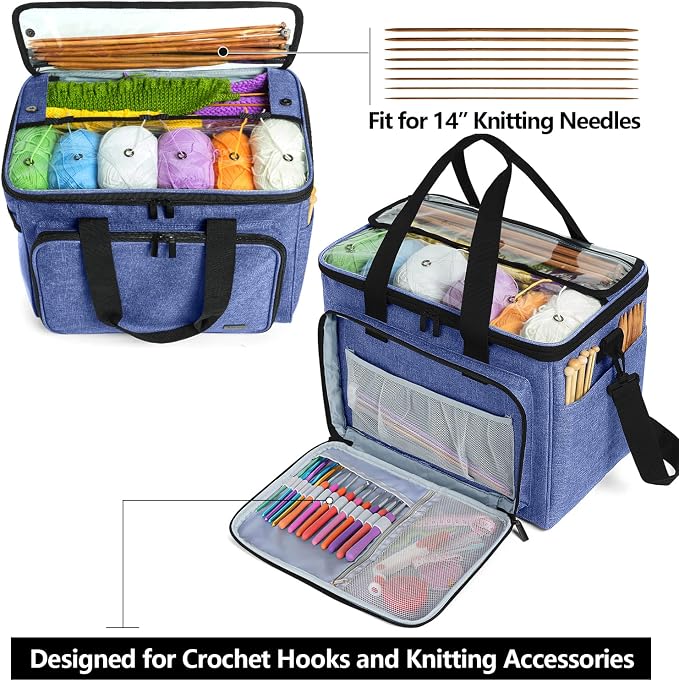 Teamoy Knitting Bag, Yarn Storage Organizer Crochet Bag Tote, Dark Blue | Yarn Holder with Inner Divider(Sewn to Bottom) for Crochet Hook, Knitting Needles(Up to 14"), Project and Crocheting Supplies