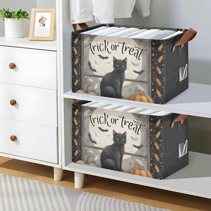 Trick Or Treat Fall Halloween Cat Storage Basket Foldable Cube Storage Bins with Handles&Label Waterproof Organizer Box Bin Large Rectangle Decorative Baskets for Shelves Home Room Laundry