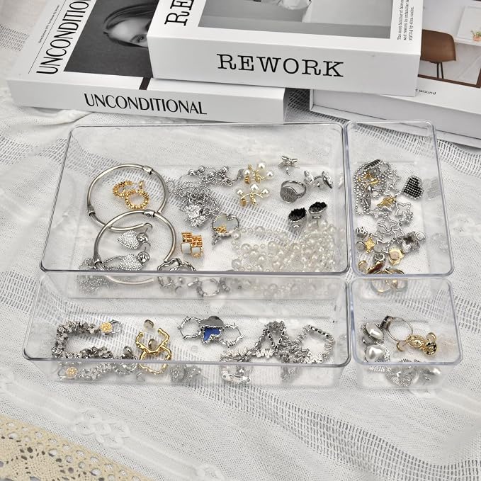 Manalete 15 Pcs Clear Plastic Drawer Organizer, Makeup & Vanity Organizer | 4-Size Versatile Desk Organizer & Storage Bins for Kitchen, Bathroom, Office, Jewelries, Easy Clean, Stackable, BPA-Free