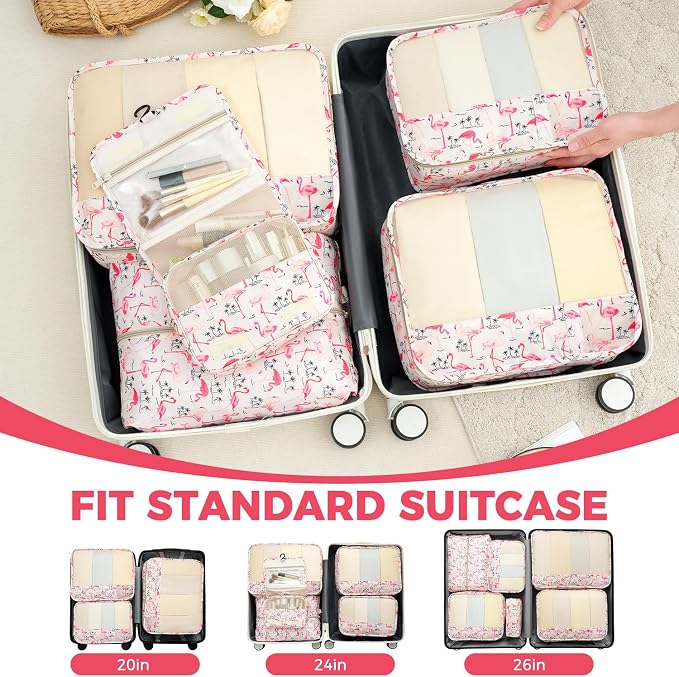 BAGAIL 9 Set Packing Cubes with Packing List Luggage Packing Organizers for Travel Accessories (Flamingo)